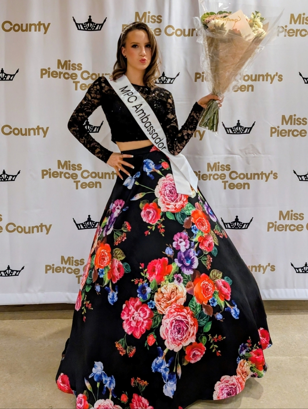 B Darlin Black Floral Maxi Skirt with Vibrant Multicolor Roses